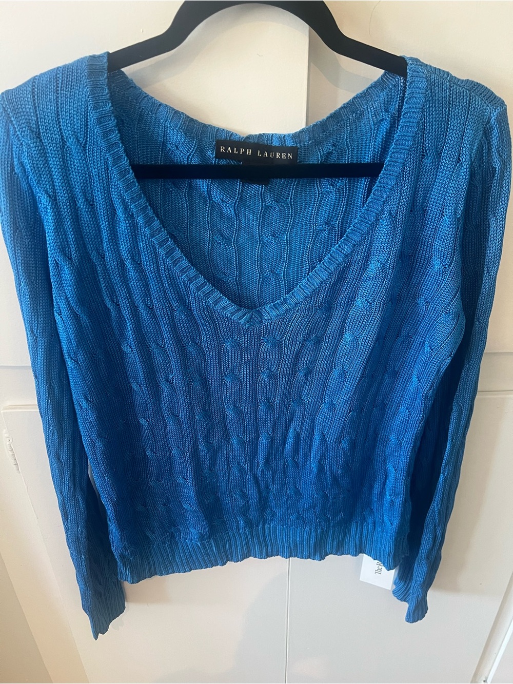 Ralph Lauren 100% silk knit Women's Cable Knit V-Neck Sweater - Blue L